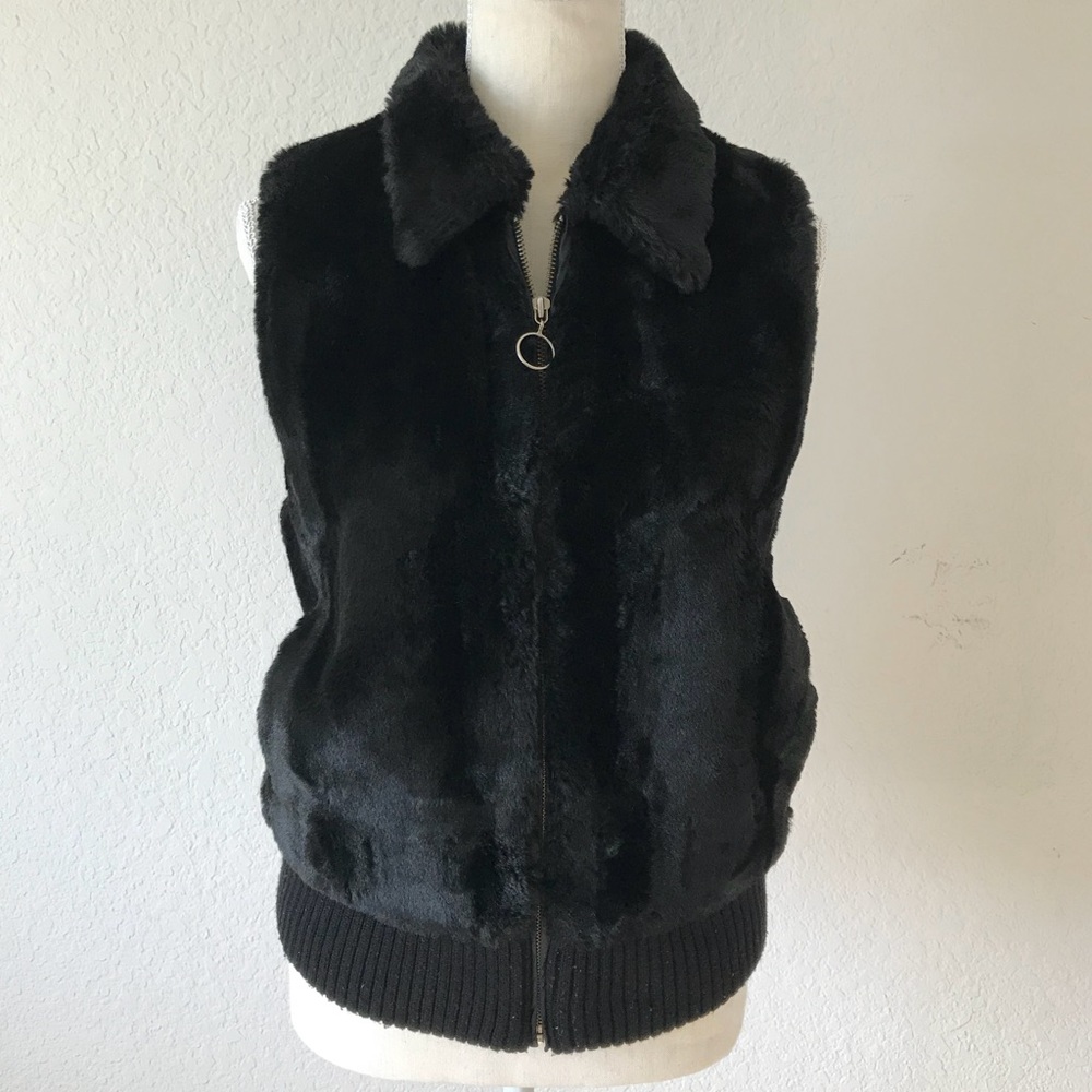 ANN TAYLOR LOFT BLACK FAUX FUR JACKET VEST MEDIUM